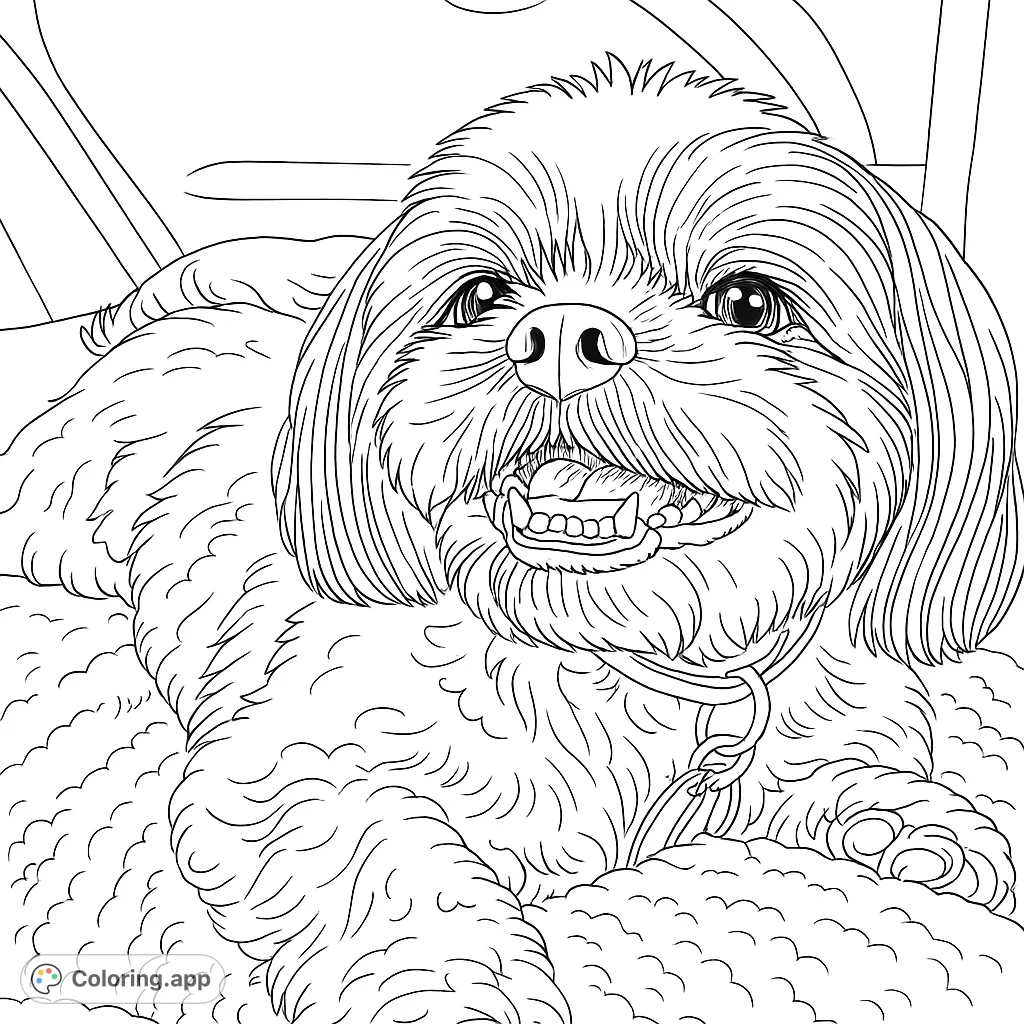 A delightful Shih Tzu dog rests on a soft blanket, offering a charming and detailed scene perfect for dog lovers to color and personalize.