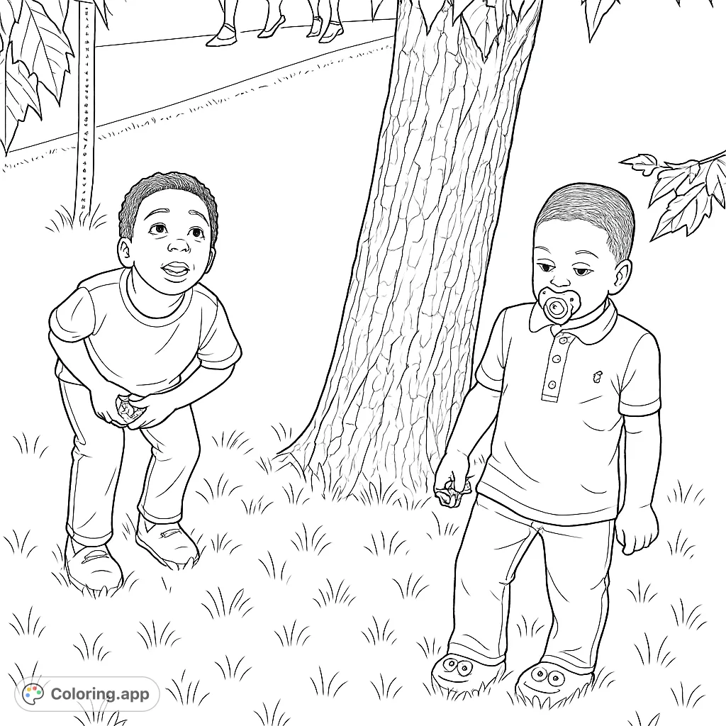 Two children playing with toys under a tree, a delightful scene for a free printable kids playing outdoors coloring page.