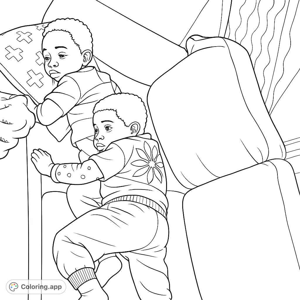 Two children relaxing on a comfy sofa, one sleeping peacefully, the other observing. A heartwarming scene perfect for a cozy coloring session.