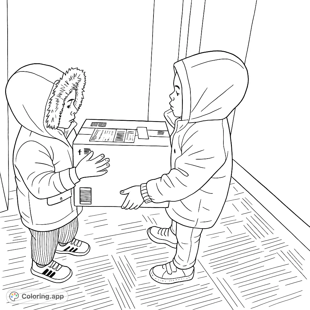 Two children teamwork to carry a large package, a heartwarming scene for a fun coloring activity, promoting cooperation and imagination.