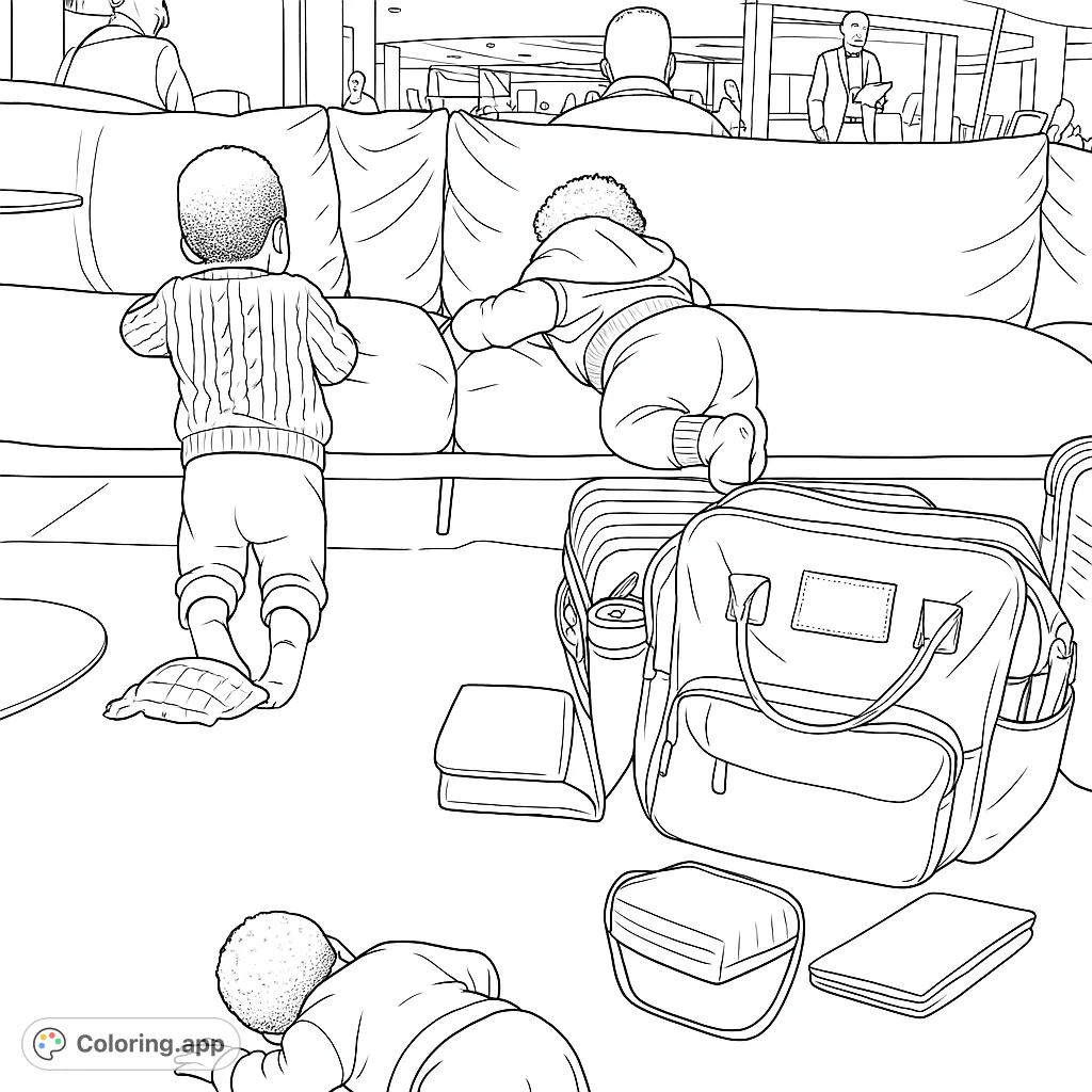 Adorable toddlers explore a cozy lounge sofa, surrounded by travel essentials. A charming scene perfect for a relaxing coloring activity.