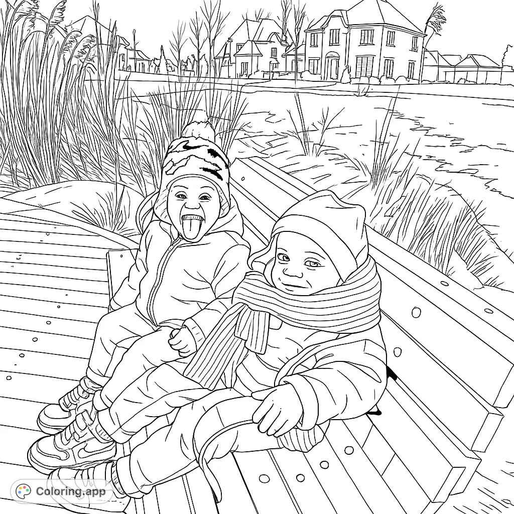 Two cheerful children on a park bench amidst a winter landscape, perfect for a fun and engaging coloring activity.