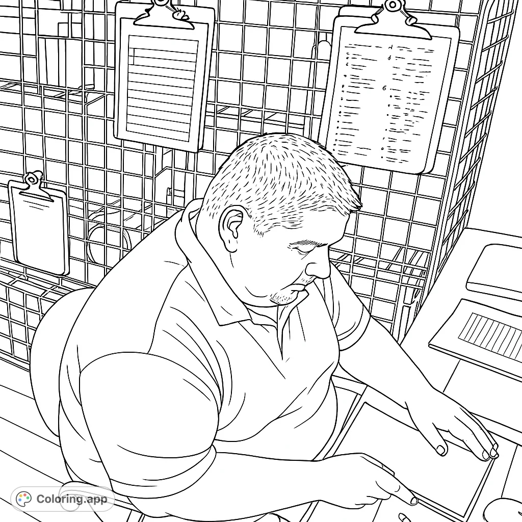 A person focused on papers at a desk, surrounded by office essentials. Perfect for a relaxing coloring session.