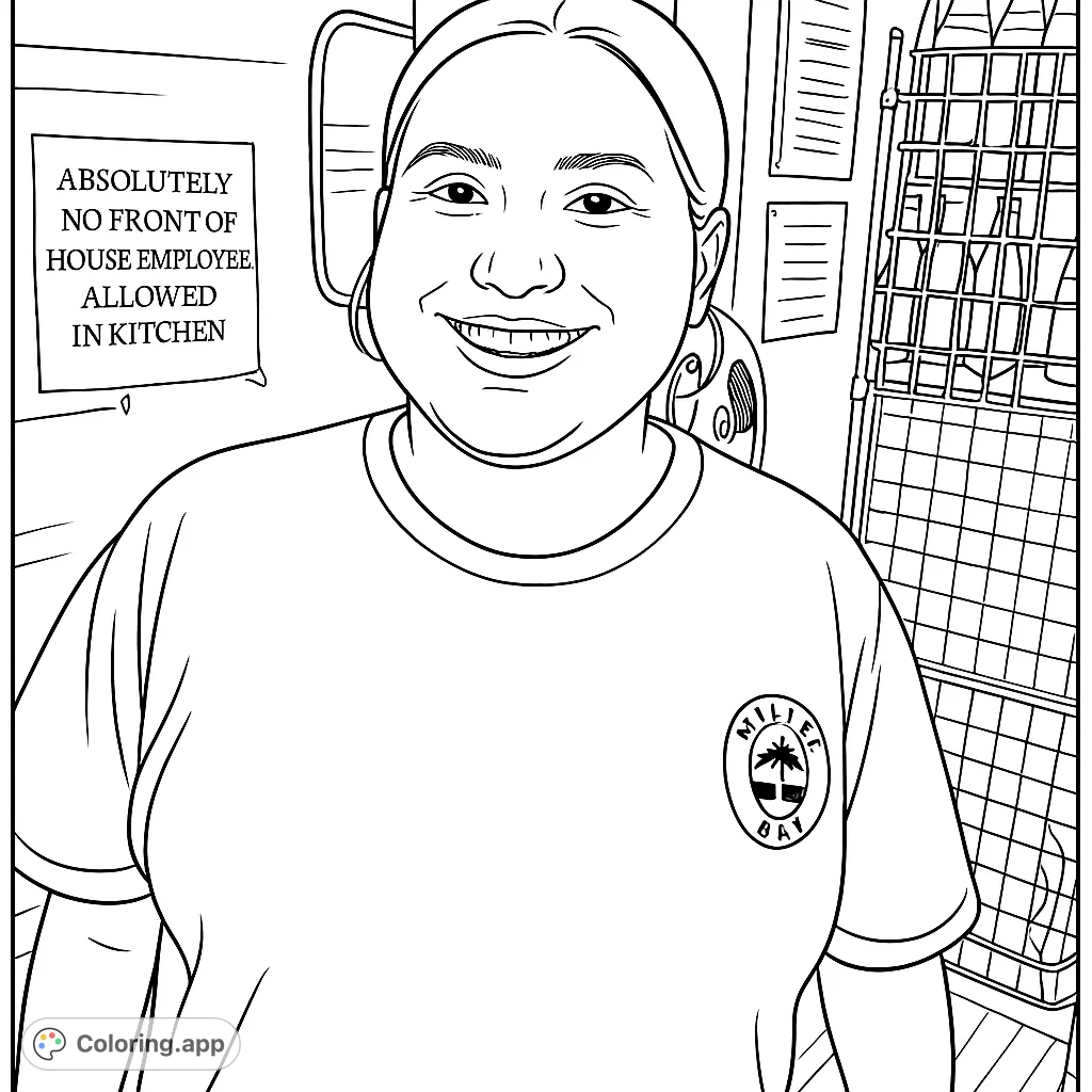 A friendly person smiles in a work setting, ready for a creative coloring adventure. Perfect for all ages to personalize and enjoy.
