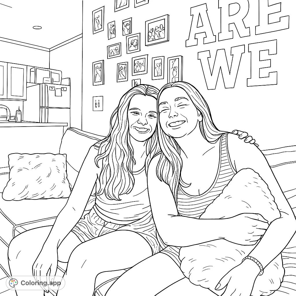 Capture the joy of friendship with two smiling individuals on a cozy couch, surrounded by personal touches. A heartwarming scene for all ages.
