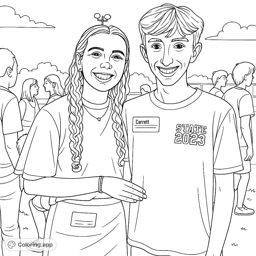 Color a heartwarming scene of two smiling friends at an outdoor event. Perfect for teens and anyone who loves social themes.