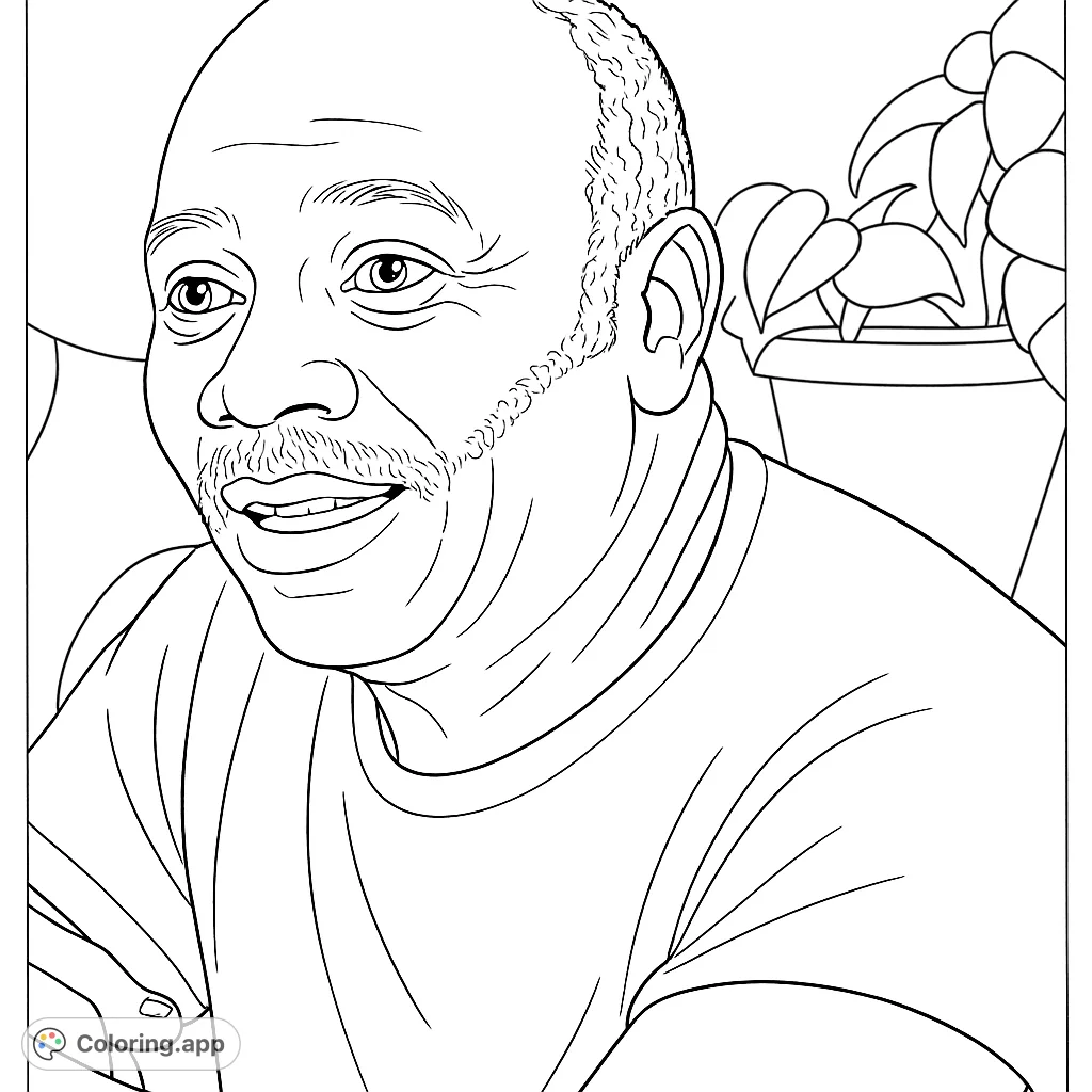 Capture the warmth of a smiling man's portrait. A detailed free printable portrait coloring page for all ages.
