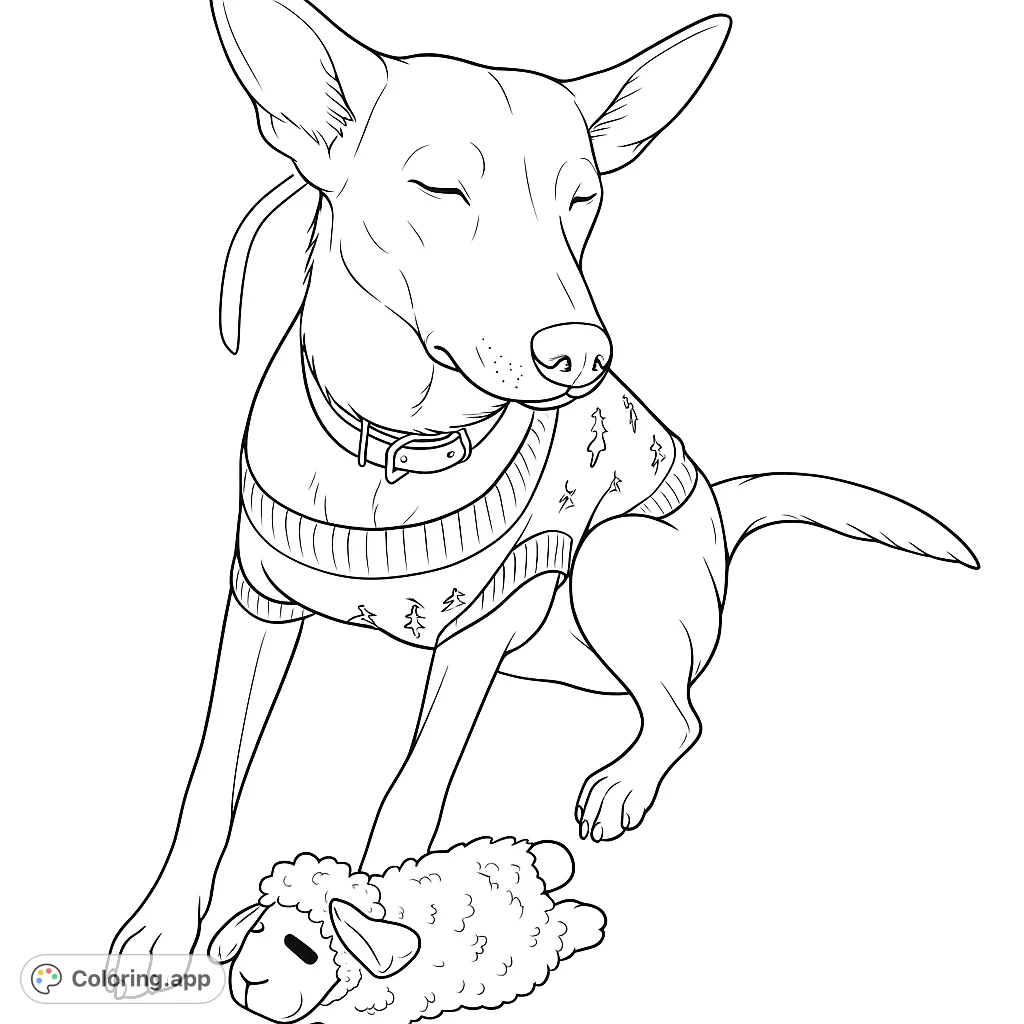 A charming dog in a festive sweater, peacefully resting with its toy lamb. Perfect for pet lovers and holiday enthusiasts to color and enjoy.