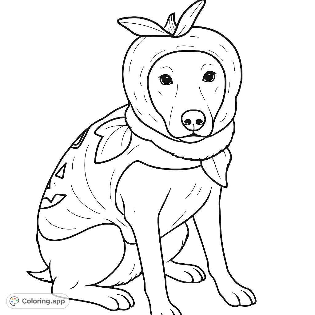 An adorable dog in a festive pumpkin costume, ready for a fun coloring adventure. Perfect for Halloween or autumn themes.