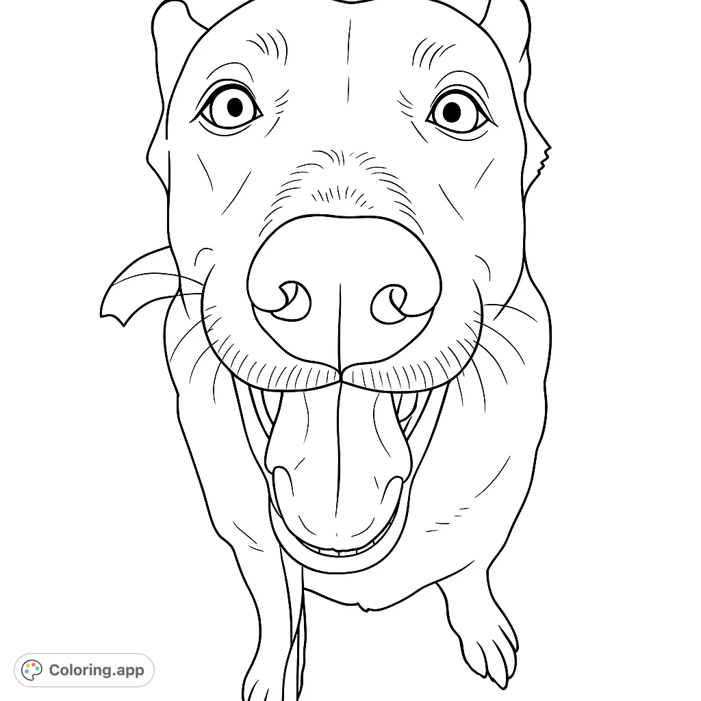 A delightful dog coloring page featuring a playful canine with an open mouth and expressive eyes, perfect for animal lovers of all ages.