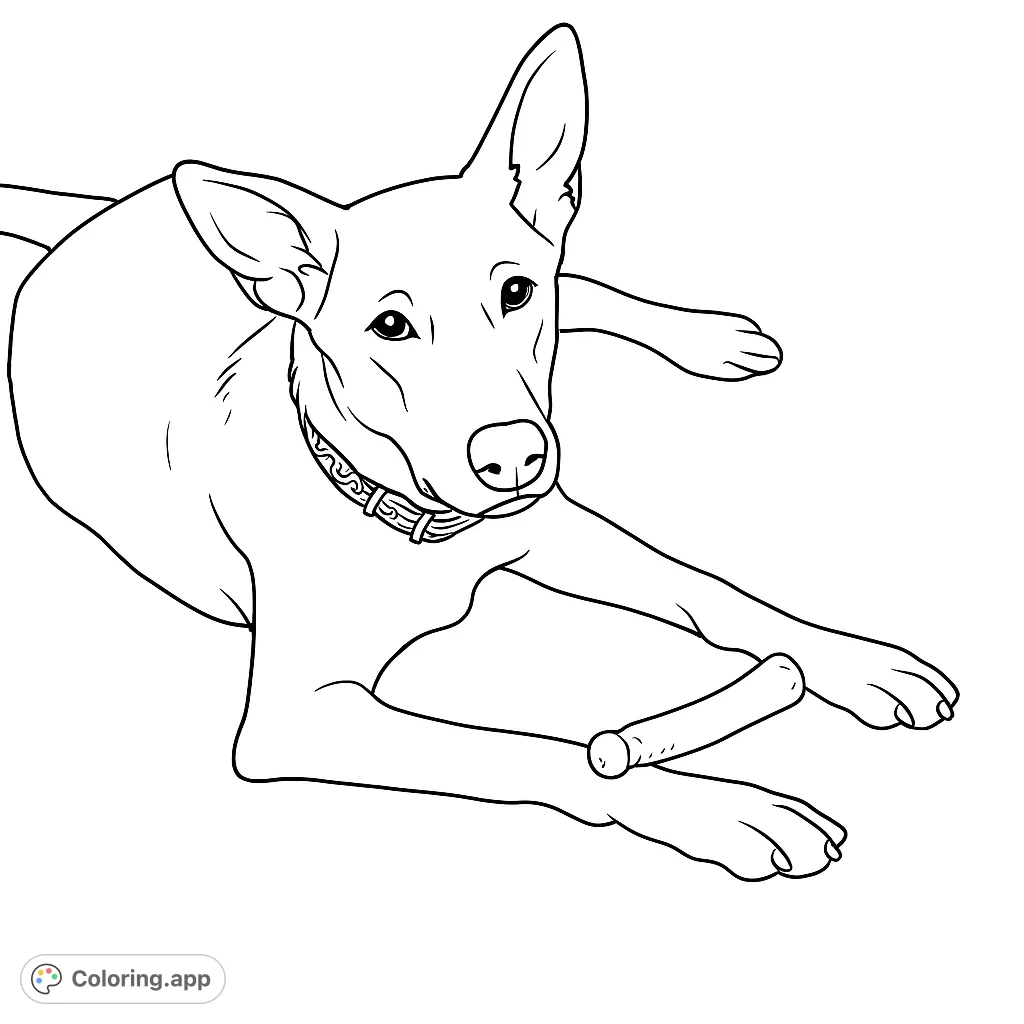 A charming dog lies with its favorite chew toy, offering a delightful and engaging coloring experience for pet lovers of all ages.