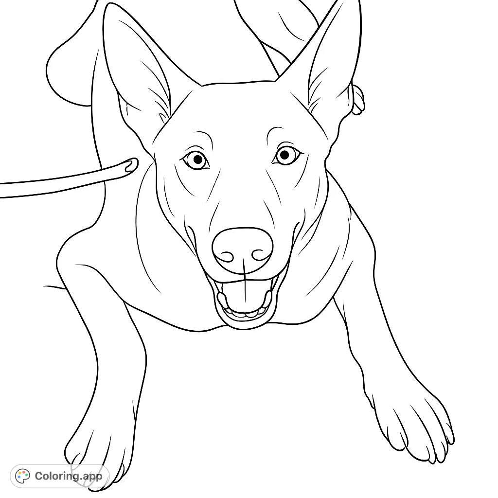 A cheerful dog lying down, looking directly at you with a happy, open-mouthed expression. Perfect for pet lovers to color!