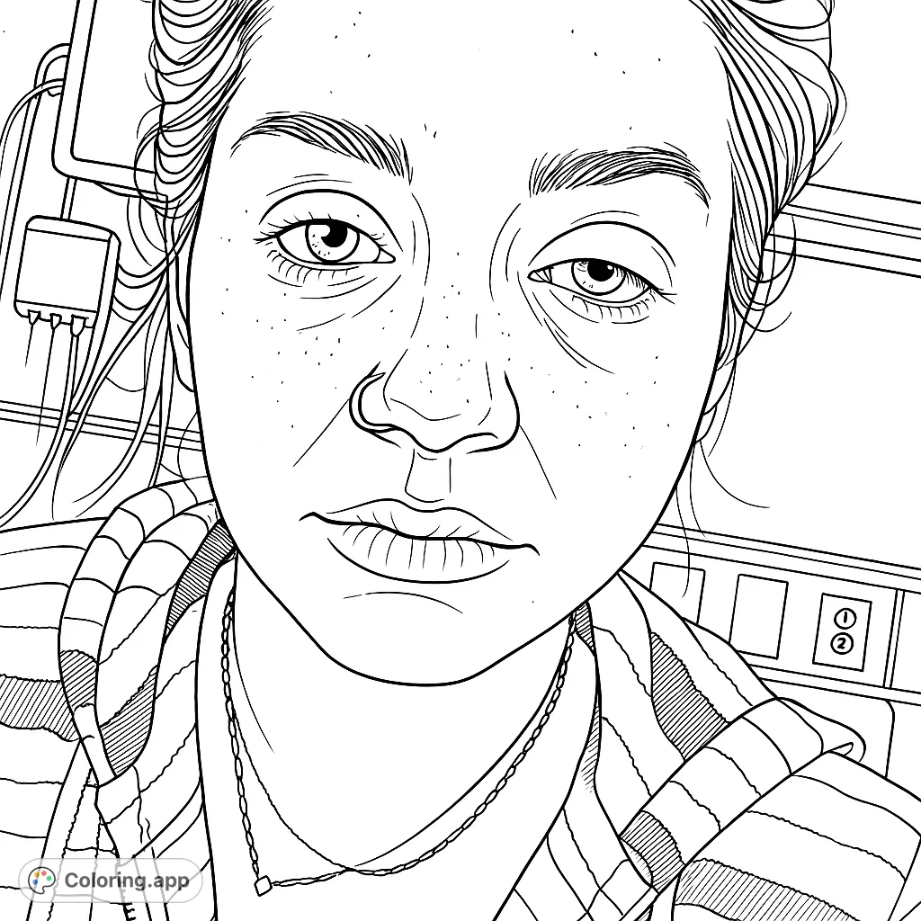 A detailed portrait of a person in a striped jacket, featuring facial details and a medical background. Perfect for thoughtful coloring.