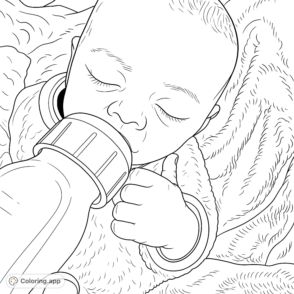 A tender moment of a sleeping newborn being bottle-fed, nestled in a soft blanket. Perfect for celebrating new life.