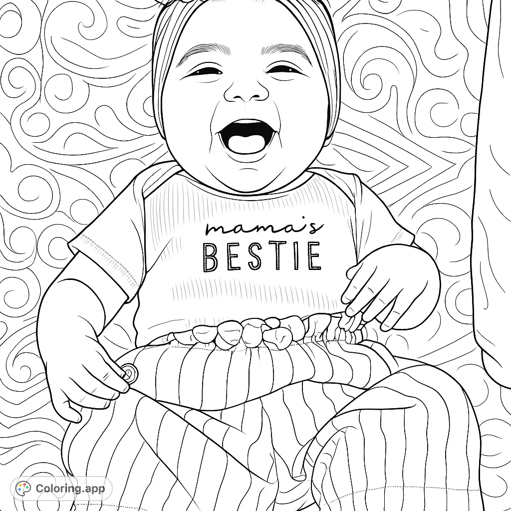 A delightful baby coloring page featuring a happy infant with a bow headband and striped outfit, perfect for joyful coloring fun.