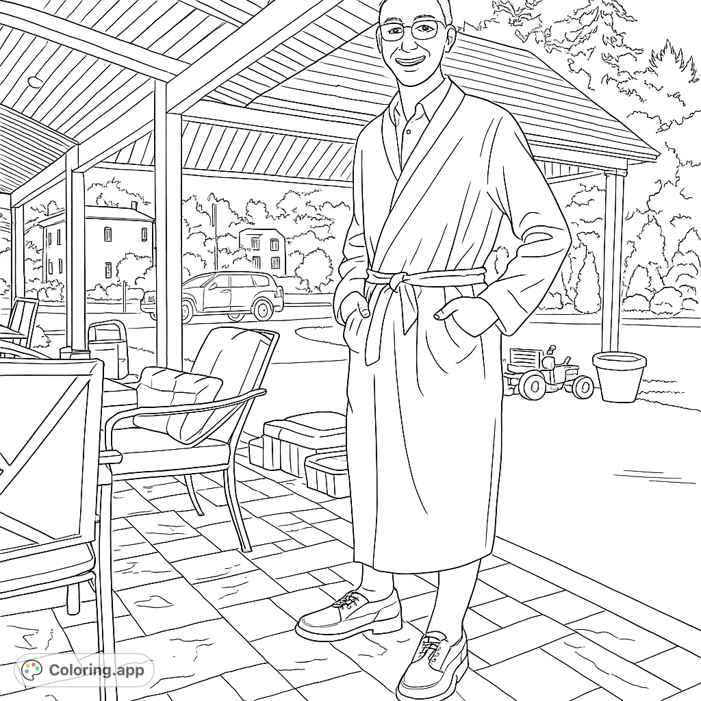 A cheerful young person stands on a textured patio, framed by an outdoor structure and a serene backyard scene, ready for your creative touch.