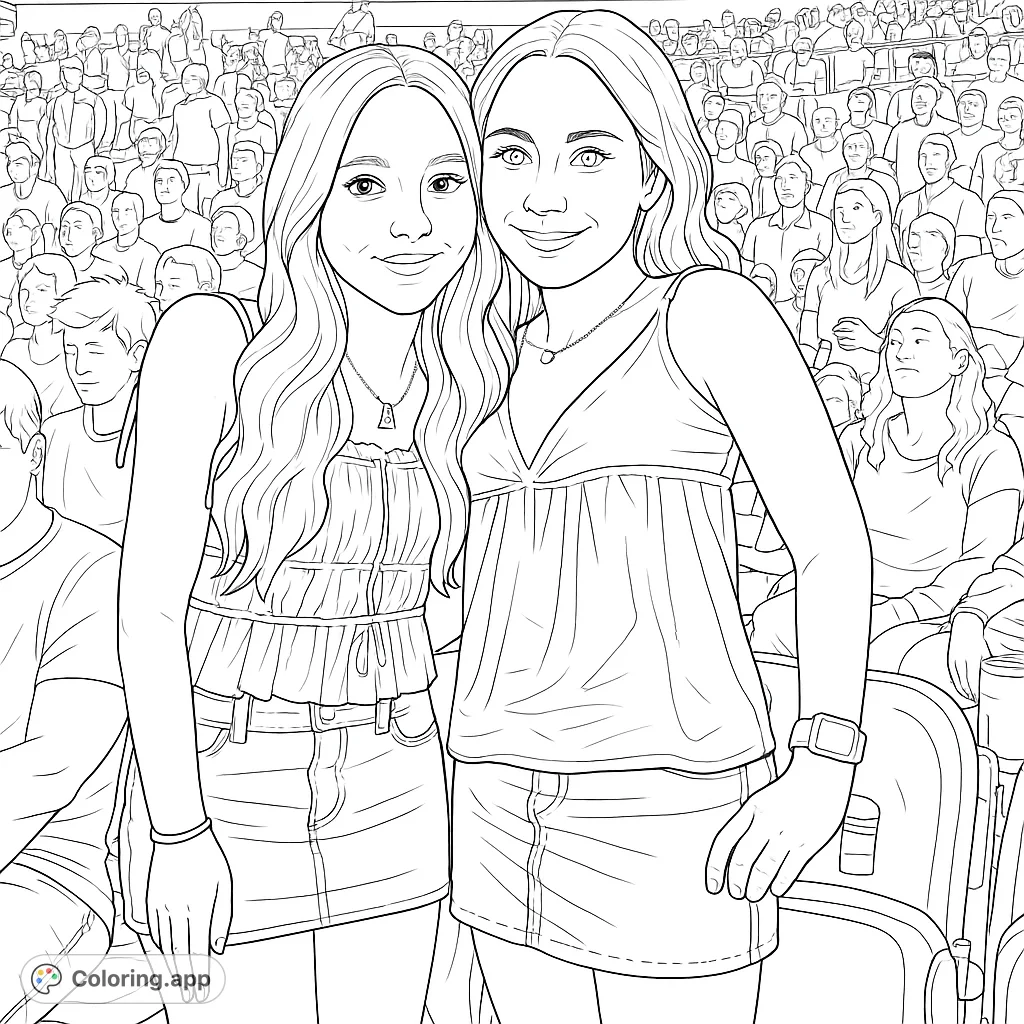 Two cheerful friends pose at a lively stadium event, surrounded by a bustling crowd. A fun, engaging coloring page for all ages.