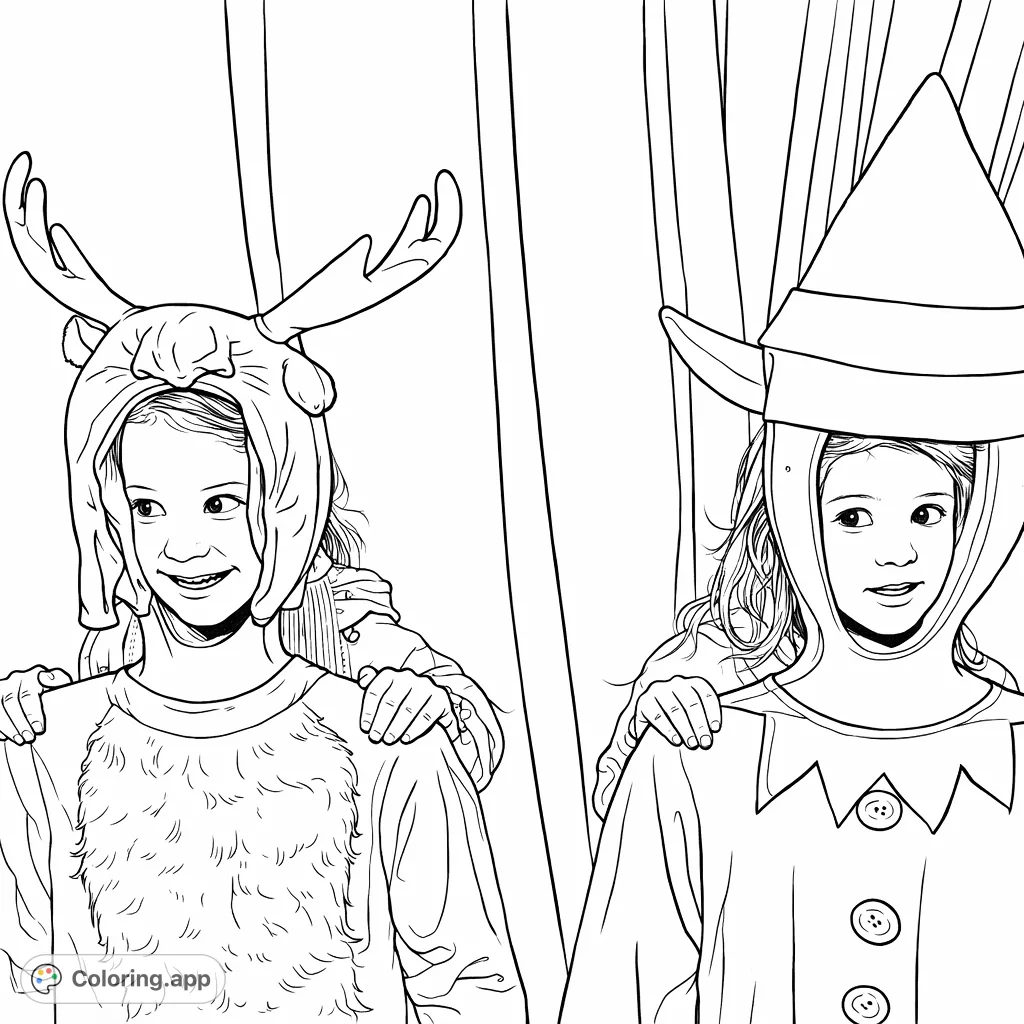 A delightful festive costume coloring page featuring two children dressed as a deer and an elf. Perfect for imaginative play and holiday creativity.