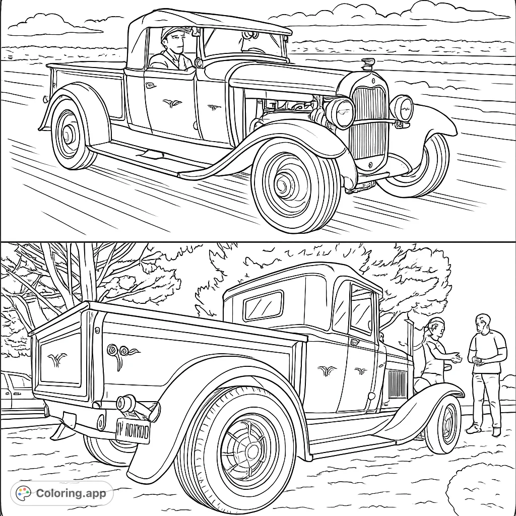 Rev up your creativity with this classic hot rod pickup truck coloring page, featuring a vintage design and custom details for all ages.