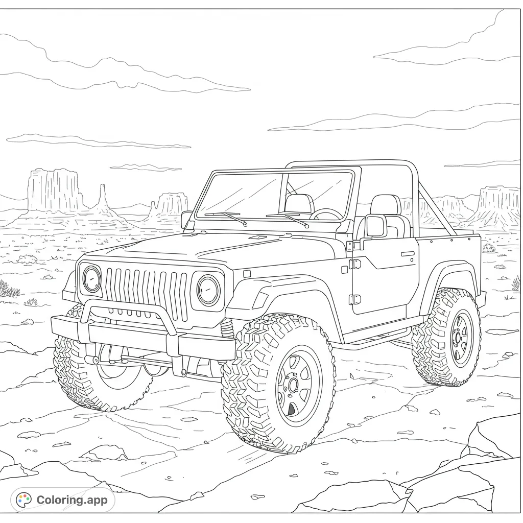 Explore a detailed off-road vehicle parked on rugged desert terrain with majestic mesas and a sunburst sky. Perfect for vehicle enthusiasts and nature lovers!