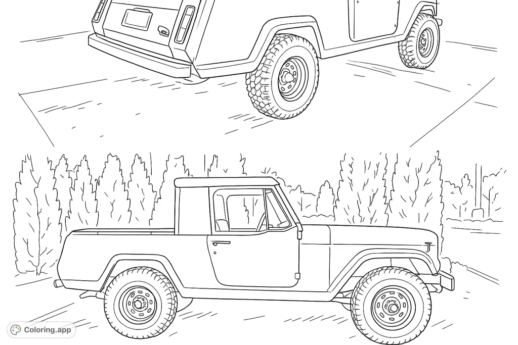 Color a classic off-road truck, featuring rugged tires and a distinctive design. Perfect for vehicle enthusiasts and those who love vintage automobiles.
