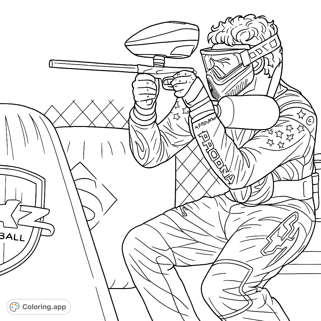 Dynamic paintball player in full gear, aiming a marker on the field. Perfect for sports enthusiasts and action-packed coloring fun.