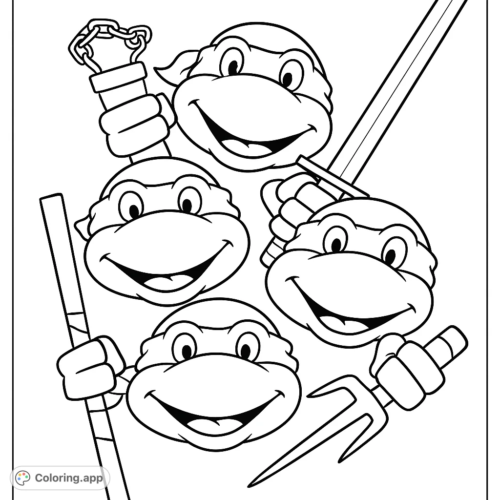 Join four heroic turtle warriors, each with unique masks and weapons, ready for action. A fun, free printable coloring page for fans!