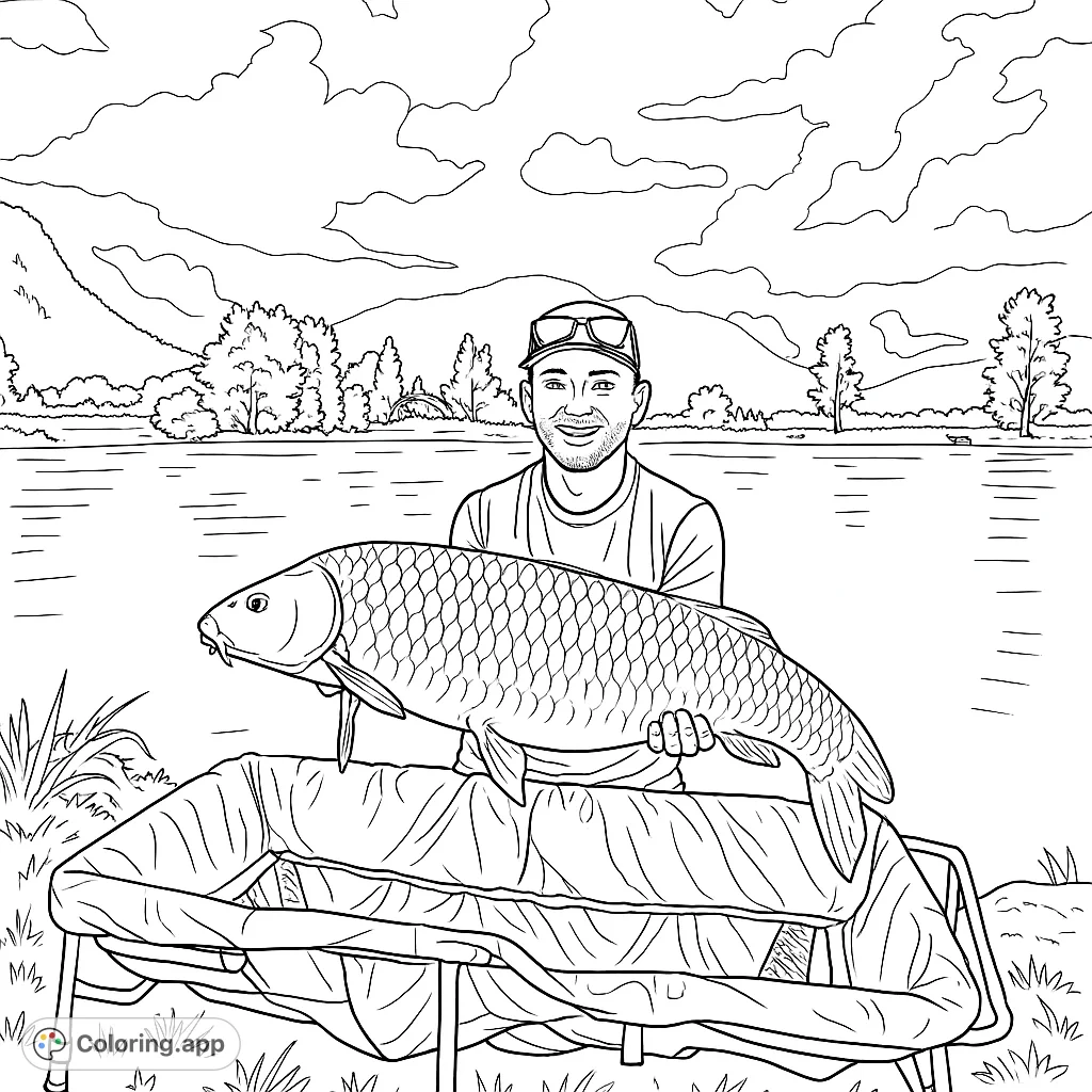 Capture the thrill of a big catch! A fisherman proudly displays a large carp by a serene lake, surrounded by mountains and trees.