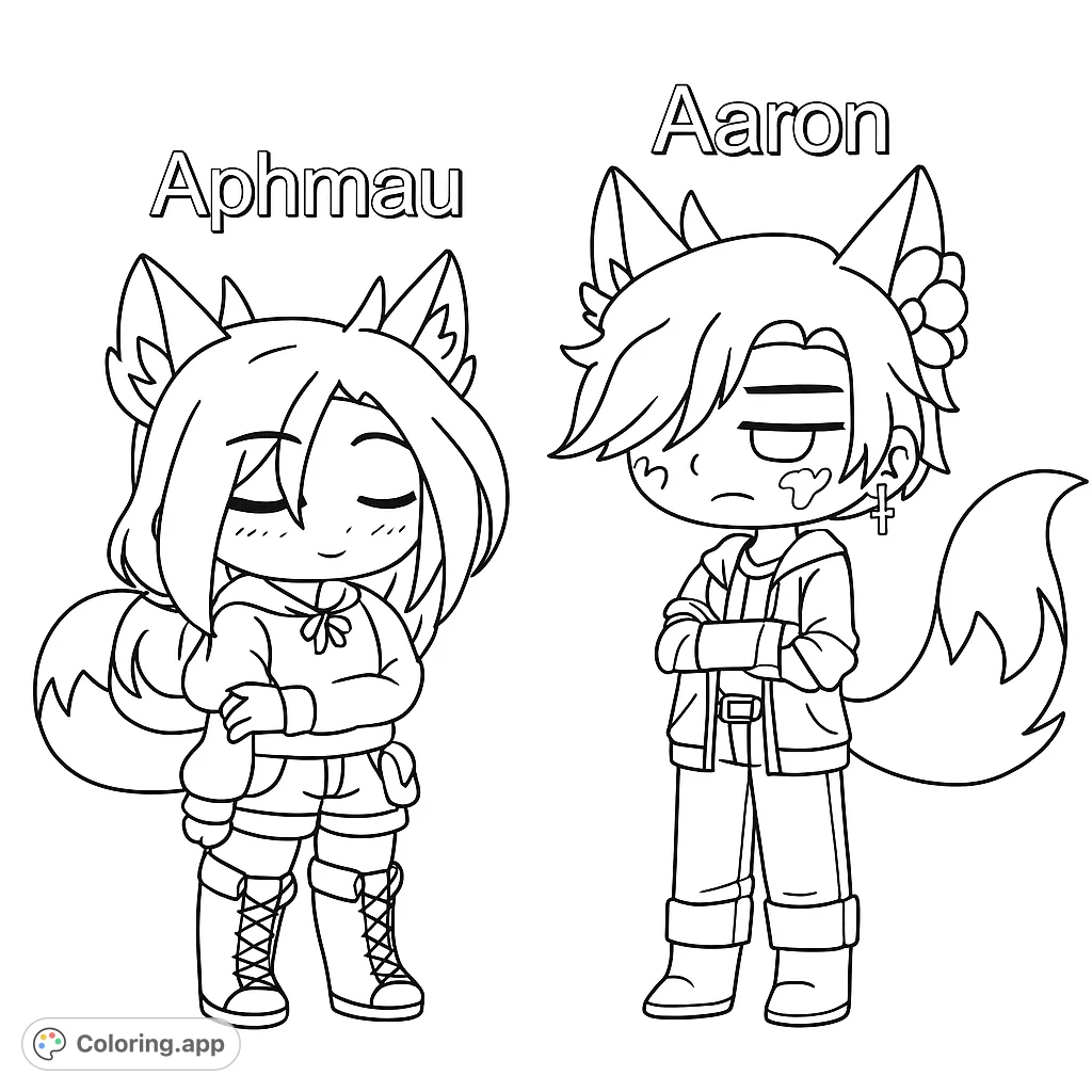Color two charming anime-style characters with animal ears and tails, featuring unique outfits and expressions. A fun, free printable coloring page for fans of fantasy and stylized art.