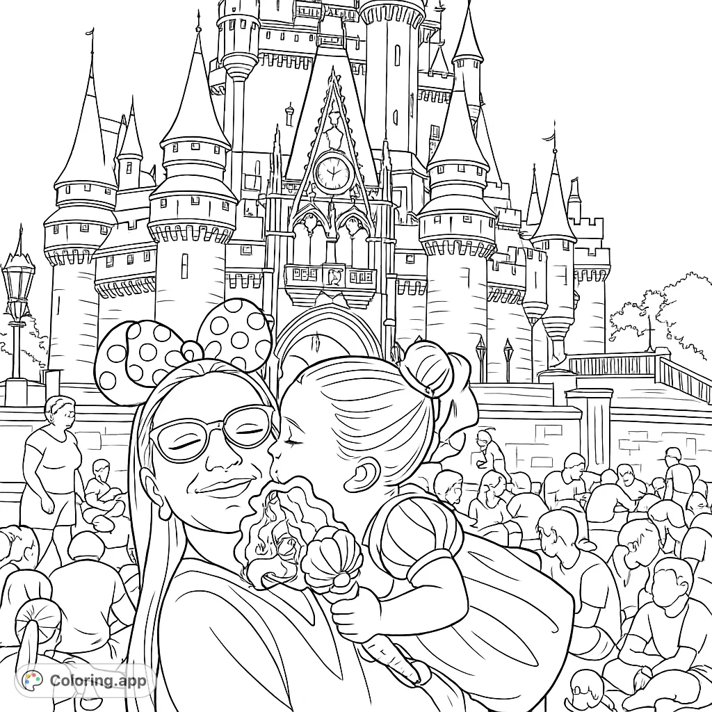 A joyful moment with a child kissing a loved one in front of a majestic castle, featuring playful ears and a magical wand. Perfect for a whimsical coloring adventure.