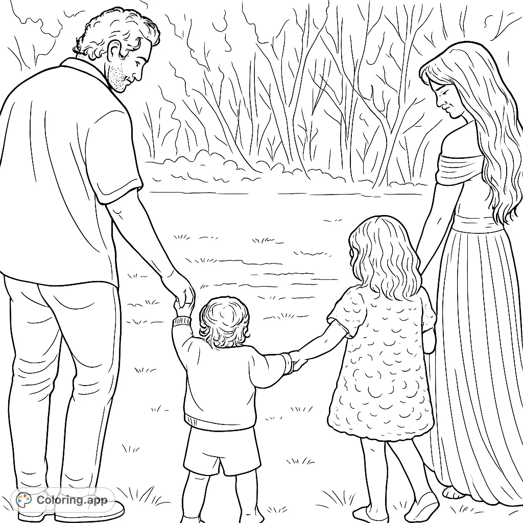 A heartwarming family coloring page depicting a family of four holding hands and walking together across a grassy field towards a distant tree line.