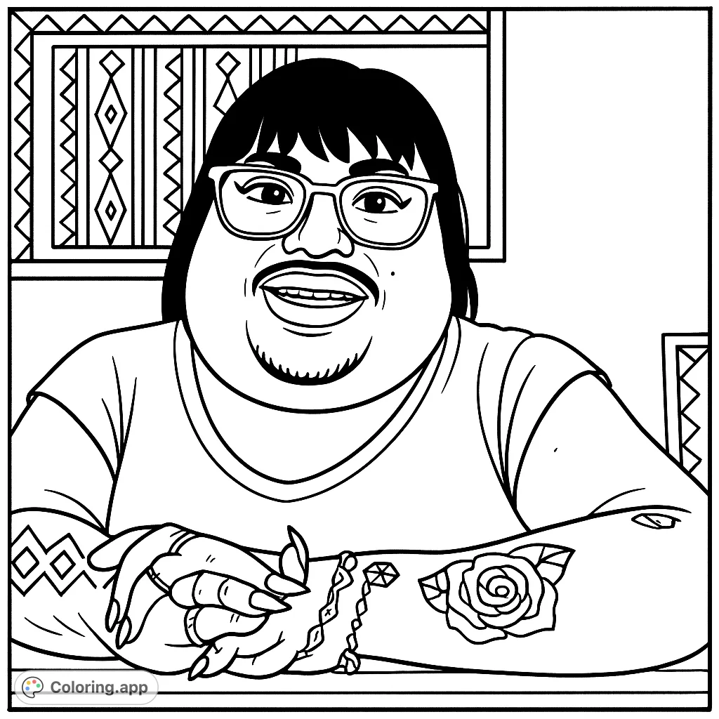 Color a unique portrait featuring a person with glasses, a goatee, and detailed hands adorned with rings and a charm bracelet. Includes a prominent rose tattoo.