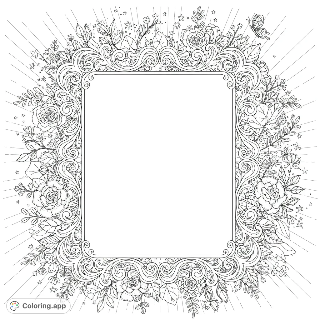 An inspiring design with an ornate central frame, blooming flowers, graceful butterflies, and radiating light, perfect for positive quotes and mindful coloring.
