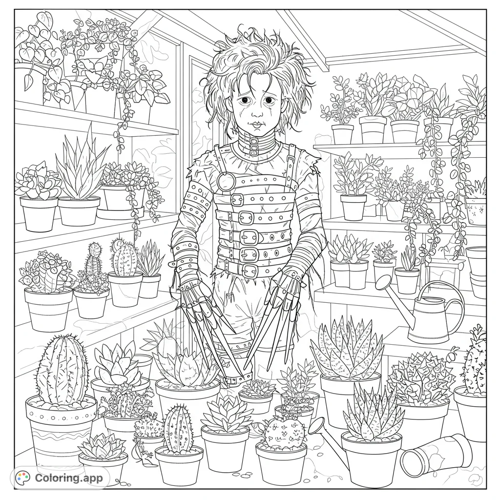 A unique Edward Scissorhands coloring page featuring him delicately tending to a variety of succulents in a detailed garden setting.