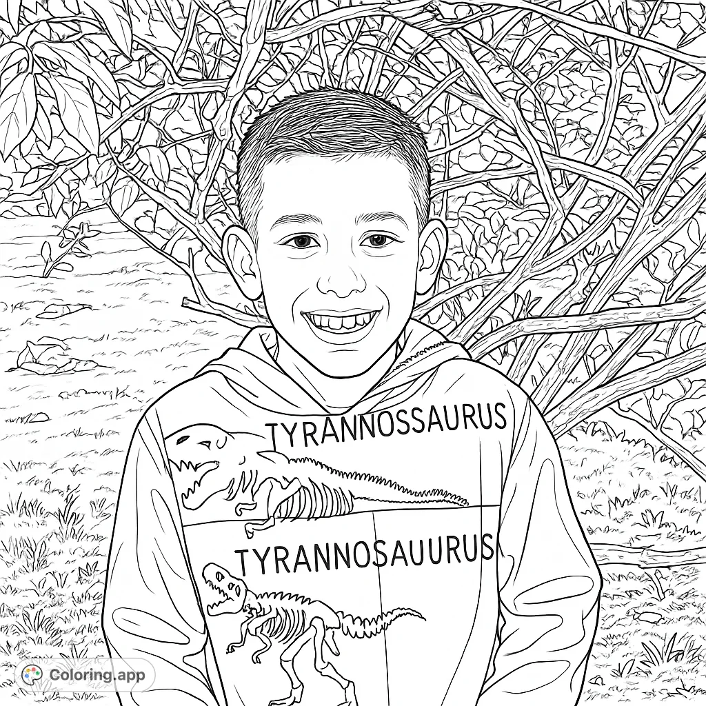 A cheerful boy in a dinosaur hoodie, ready for adventure. Perfect for young paleontologists to color and explore their creativity.