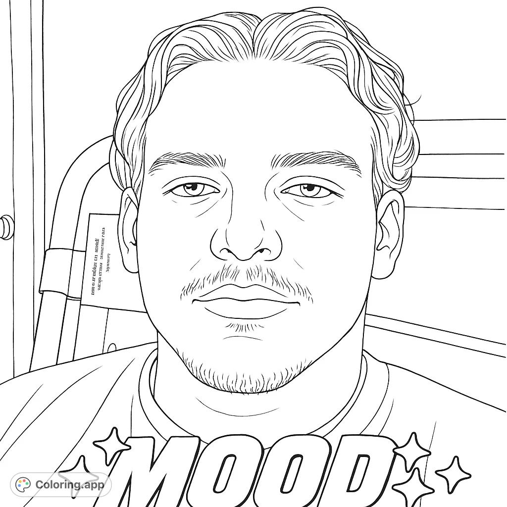 Capture the essence of a modern portrait with this expressive face coloring page. Features a young man and a bold 'MOOD' graphic.
