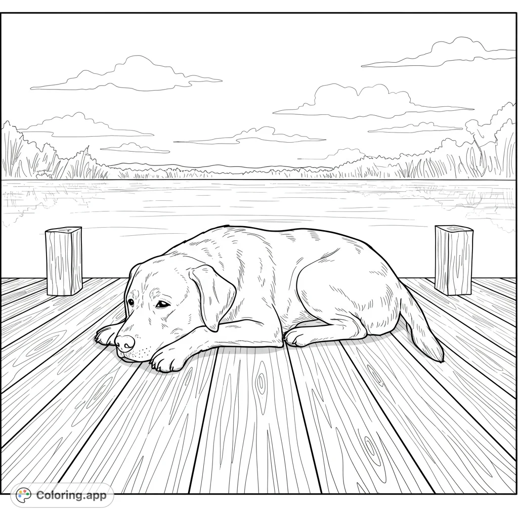 Discover a serene Labrador Retriever resting on a wooden dock by a calm lake. A peaceful scene perfect for detailed coloring and relaxation.