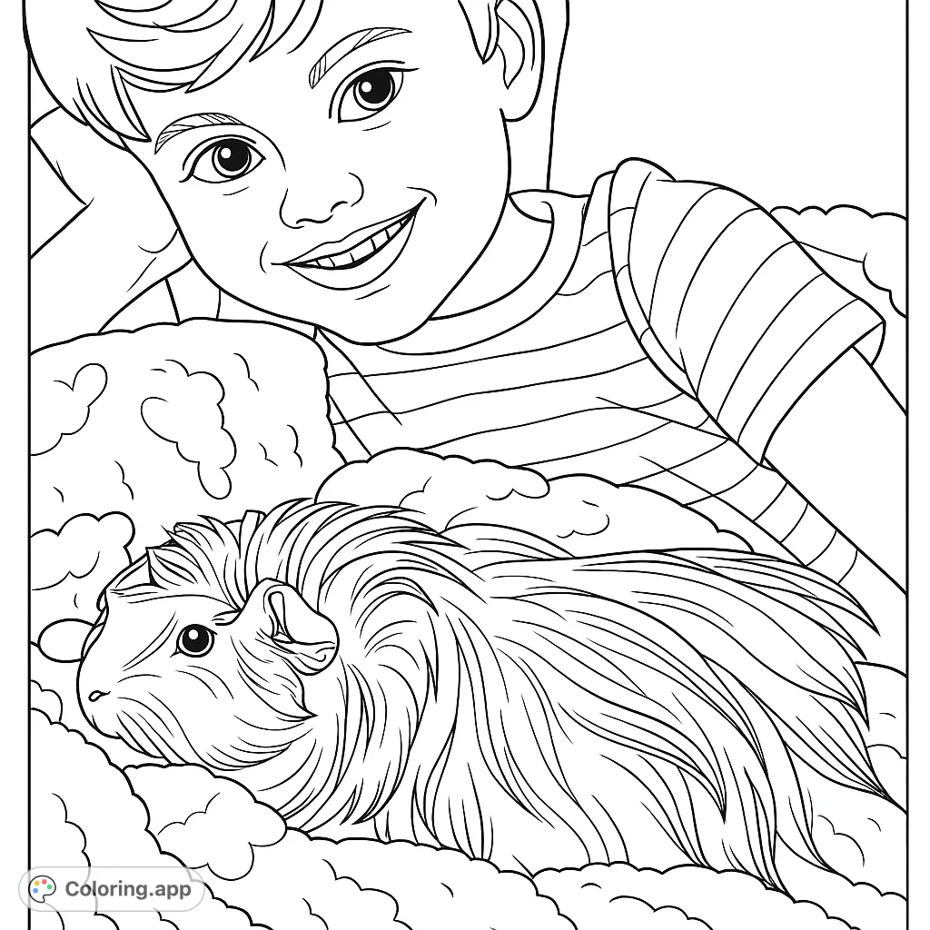 A heartwarming scene of a smiling child relaxing with a fluffy guinea pig on a cozy blanket. Perfect for animal lovers.