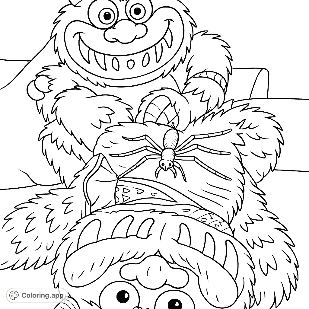 A delightful coloring page featuring two whimsical, fuzzy monsters with big eyes and friendly smiles, perfect for imaginative fun and creative expression.