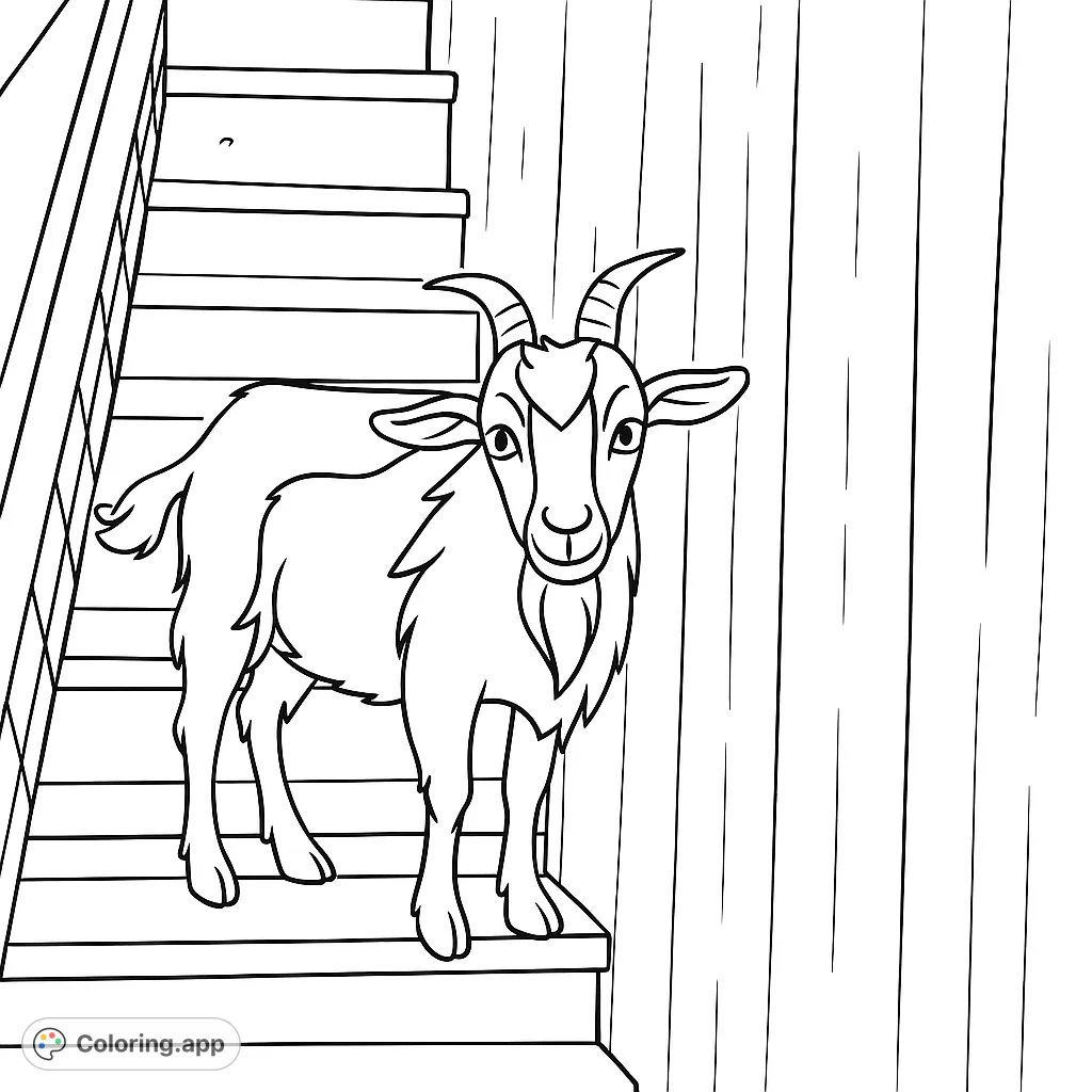 Color a charming goat standing on wooden stairs next to a rustic wall. A delightful and simple animal coloring page for all ages.