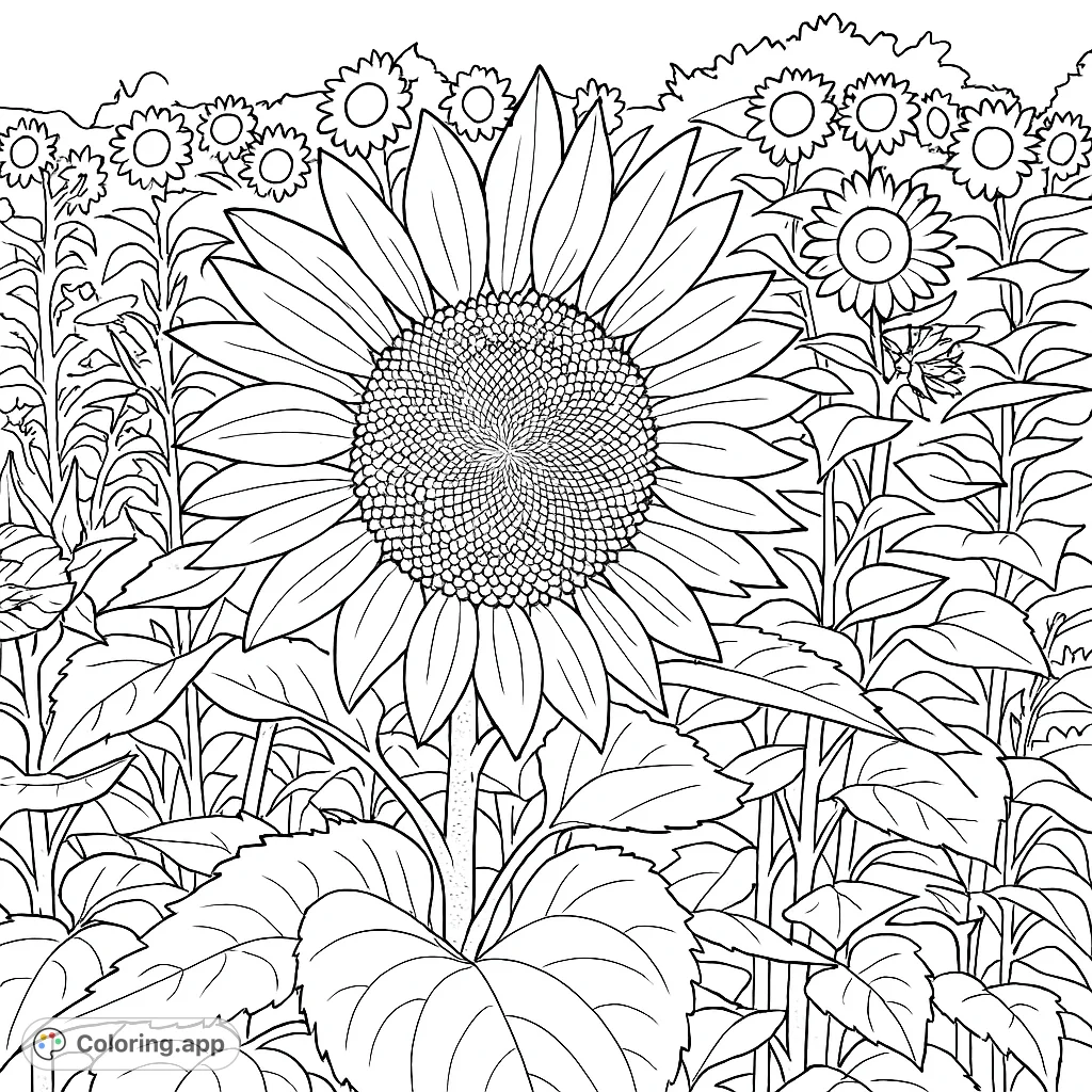 A vibrant sunflower stands tall in a field, surrounded by blooming companions. Perfect for nature lovers to color and bring to life.