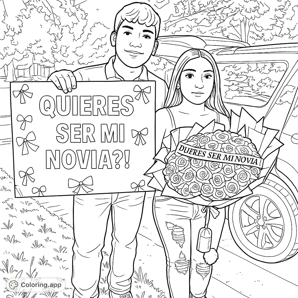 A heartwarming proposal scene featuring a young couple, a large sign, and a beautiful bouquet. Perfect for celebrating love and special moments.