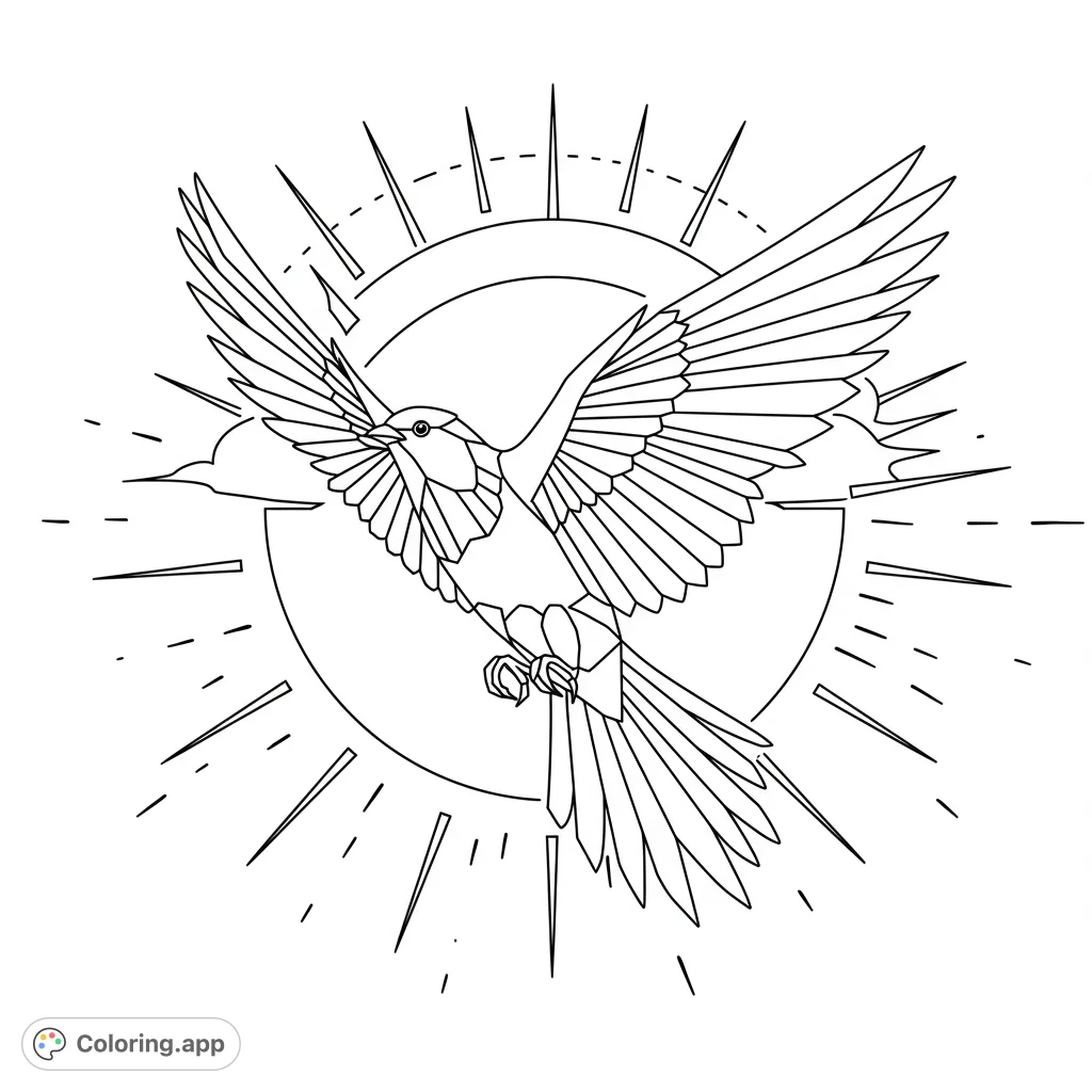 Capture the essence of flight with this stylized bird coloring page. Featuring angular segments and a dynamic celestial burst, it's a unique artistic challenge.