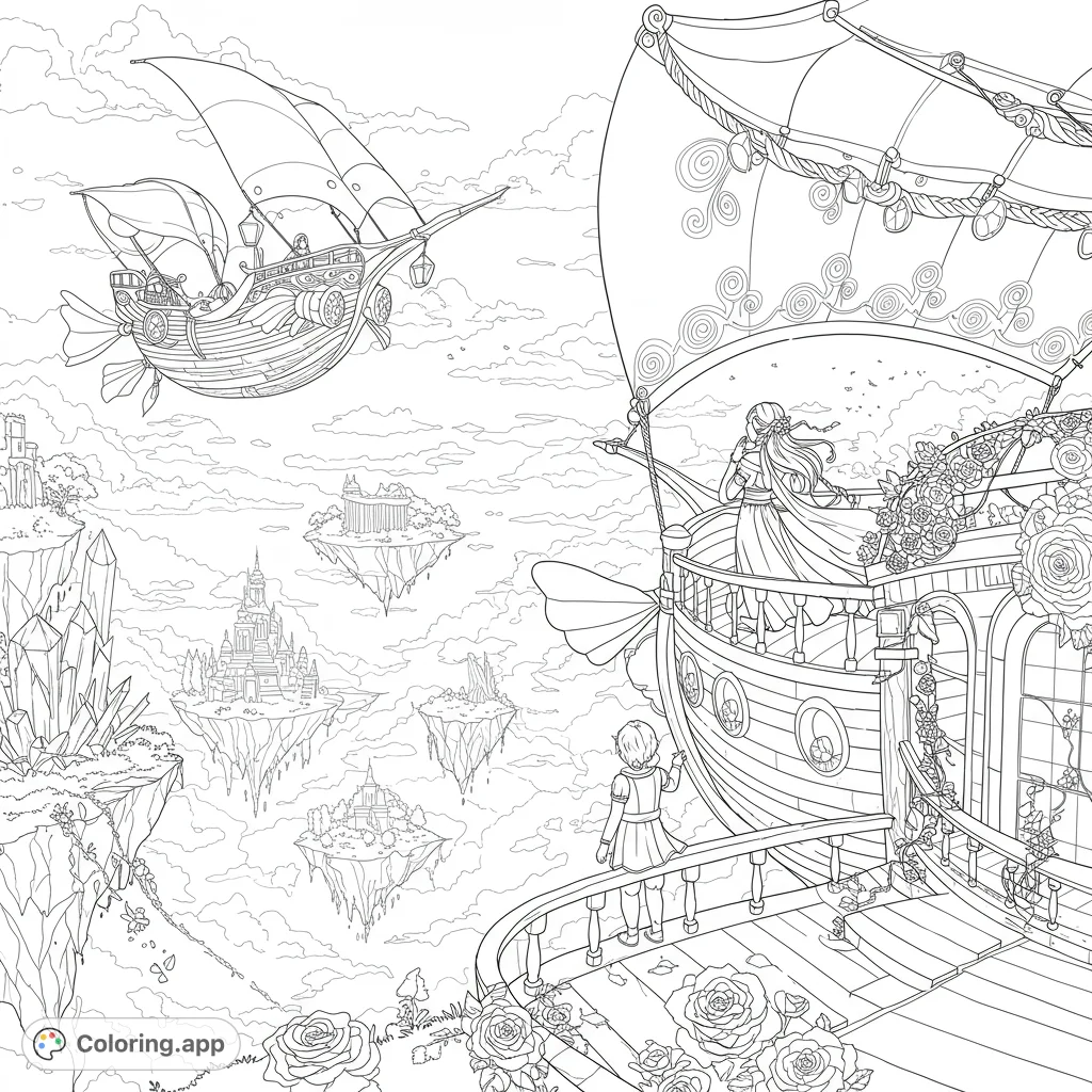 Embark on an aerial adventure with a magnificent airship soaring above mystical floating islands, ancient ruins, and crystal forests. A captivating fantasy scene.