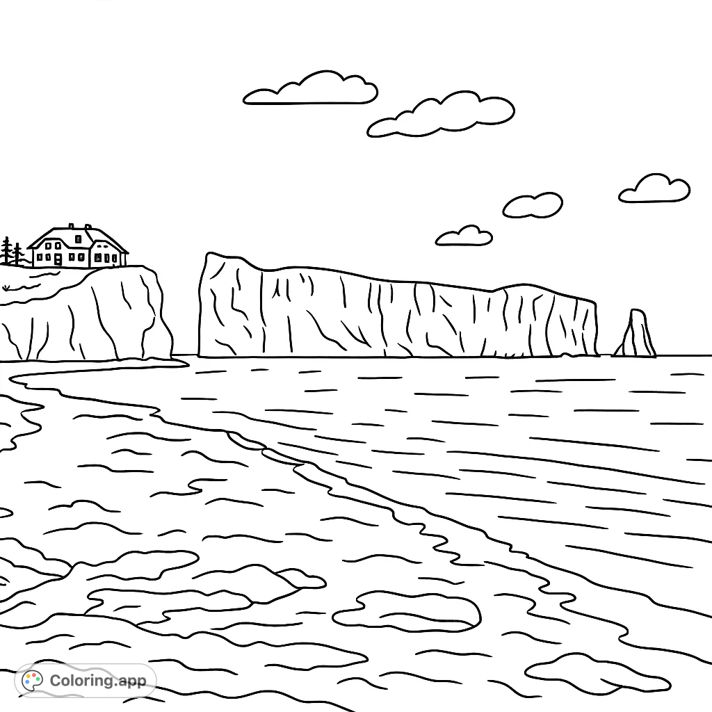 Explore a dramatic coastal scene featuring iconic rock formations, a cliffside house, and a snowy beach, perfect for a serene coloring escape.