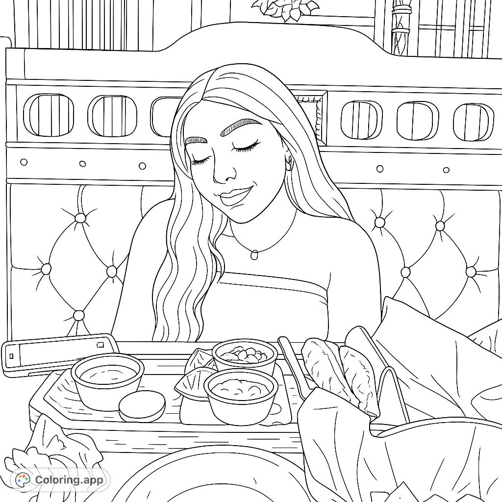 A young woman enjoys a meal at a restaurant booth, surrounded by delicious food and a cozy atmosphere. Perfect for a relaxing coloring experience.