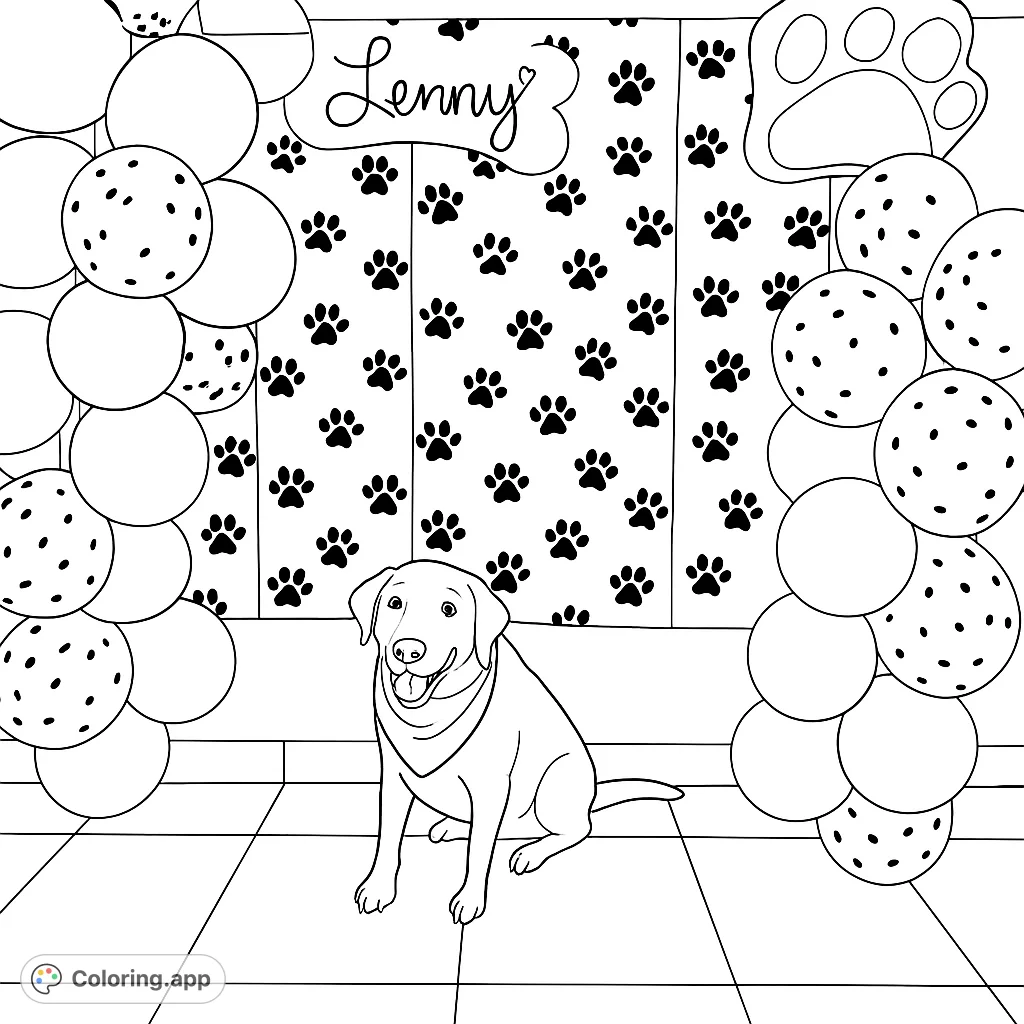 Celebrate with a playful dog surrounded by festive balloons and paw prints. A delightful scene perfect for animal lovers and party themes.
