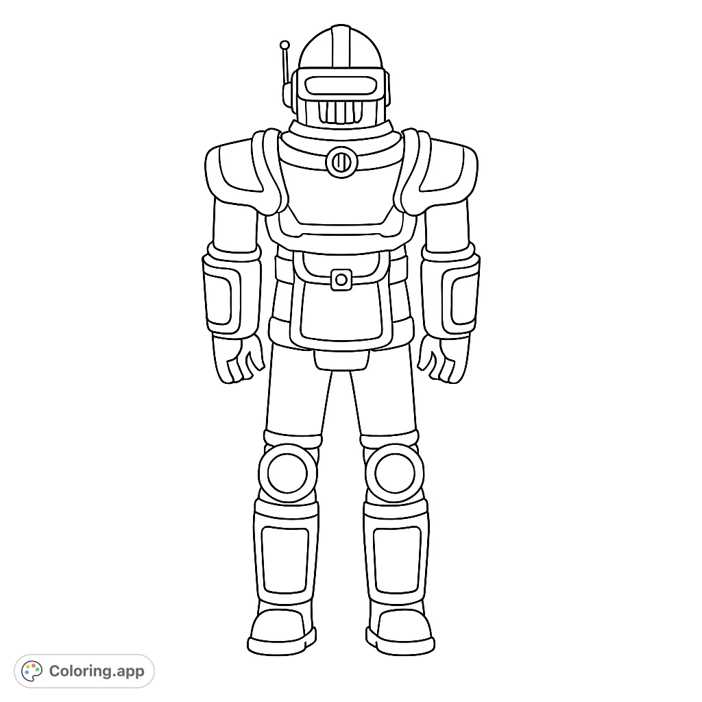 Explore a detailed armored robot figure, perfect for sci-fi fans. This free printable coloring page offers a futuristic design for creative expression.