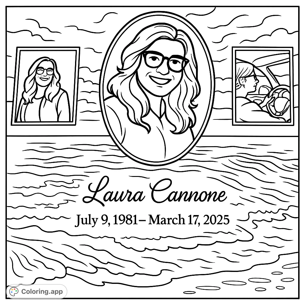 A unique coloring page featuring three expressive portraits of a woman against a serene ocean and sunset backdrop, perfect for personal expression.