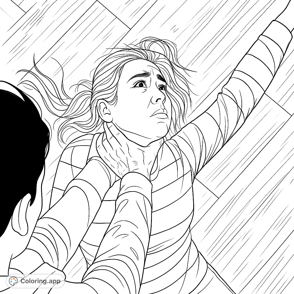 An intense scene depicting a struggle, with hands gripping a person's neck on a textured floor. A dramatic and challenging coloring experience.